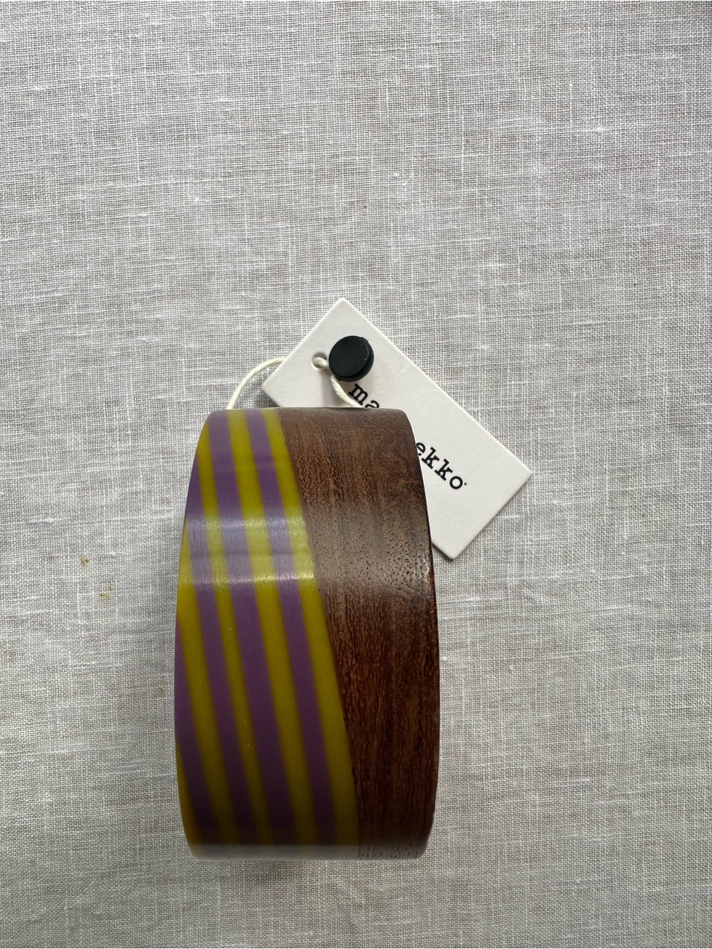 Marimekko MCM Purple & Yellow Striped Resin and Wood Bangle. Dust Bag. - Picture 7 of 8